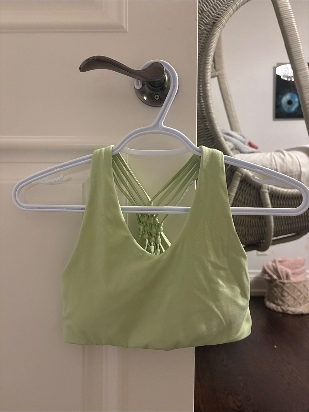 aerie Light Sage High-Neck sports bra  with Macramé Straps